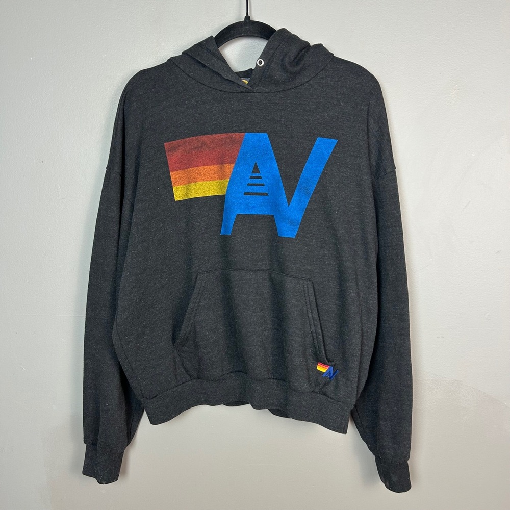 Aviator Nation Logo Stitch Relaxed Pullover Hoodie Small Charcoal Unisex
